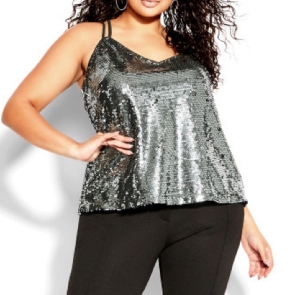 NWT City Chic Glimmer Cami (CC M) 18W Silver Sequin Strappy Top Party NYE